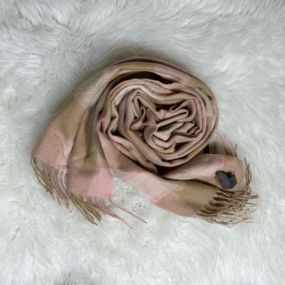 LOUISA PERINI Pink and Tan Plaid Scarf 100% Cashmere